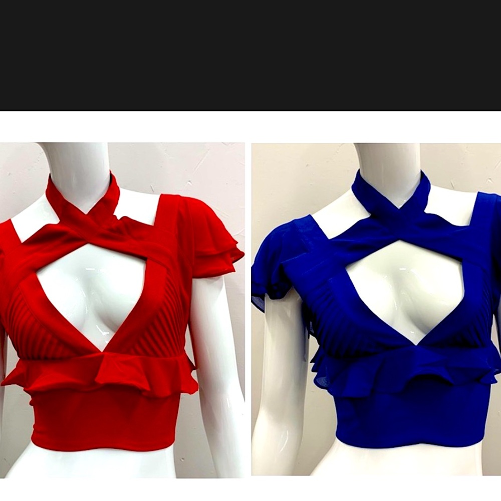 NastyGal Crossover Deep V Pleated Cold Shoulder Flutter Sleeve Crop Top